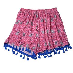 Simply Southern Pink Blue Seashell Print Shorts BlueFringe Hem. Woman's Sz L/XL